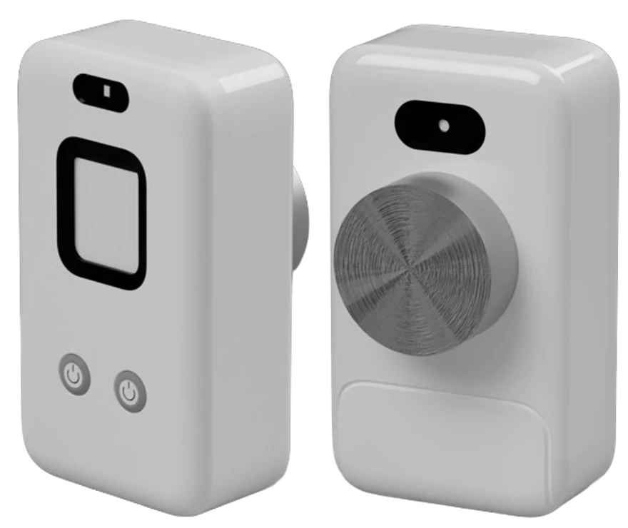 Front and back renders of the TeleSync device, showing the screen and the stethoscope head